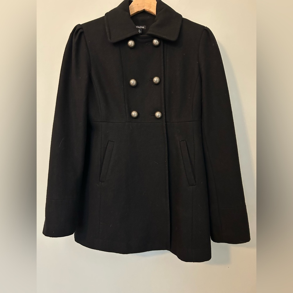 Maurices Wool Blend Black Double-Breasted Pea Coat, Size Medium